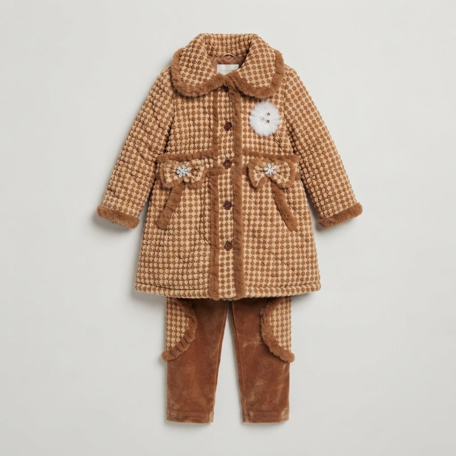 Girls Brown Textured Coat & Velvet Pant Set — Photo 2