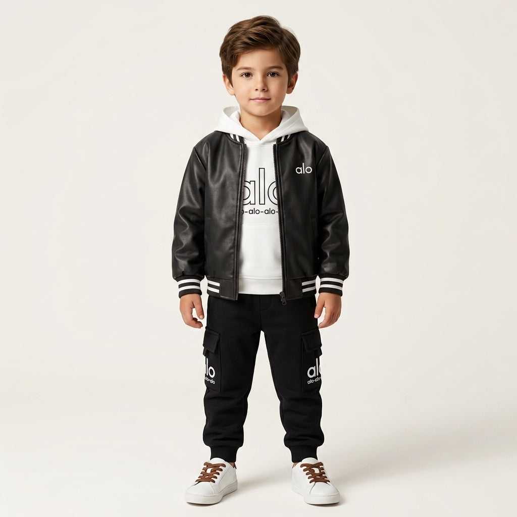 Black Faux Leather Bomber Jacket, White Logo Hoodie, and Black Cargo Joggers Main image