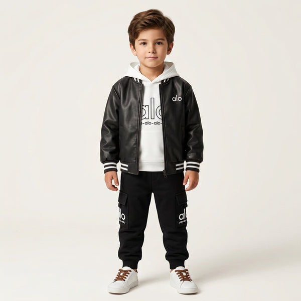 Black Faux Leather Bomber Jacket, White Logo Hoodie, and Black Cargo Joggers