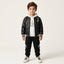 Black Faux Leather Bomber Jacket, White Logo Hoodie, and Black Cargo Joggers