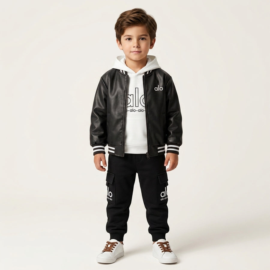 Black Faux Leather Bomber Jacket, White Logo Hoodie, and Black Cargo Joggers
