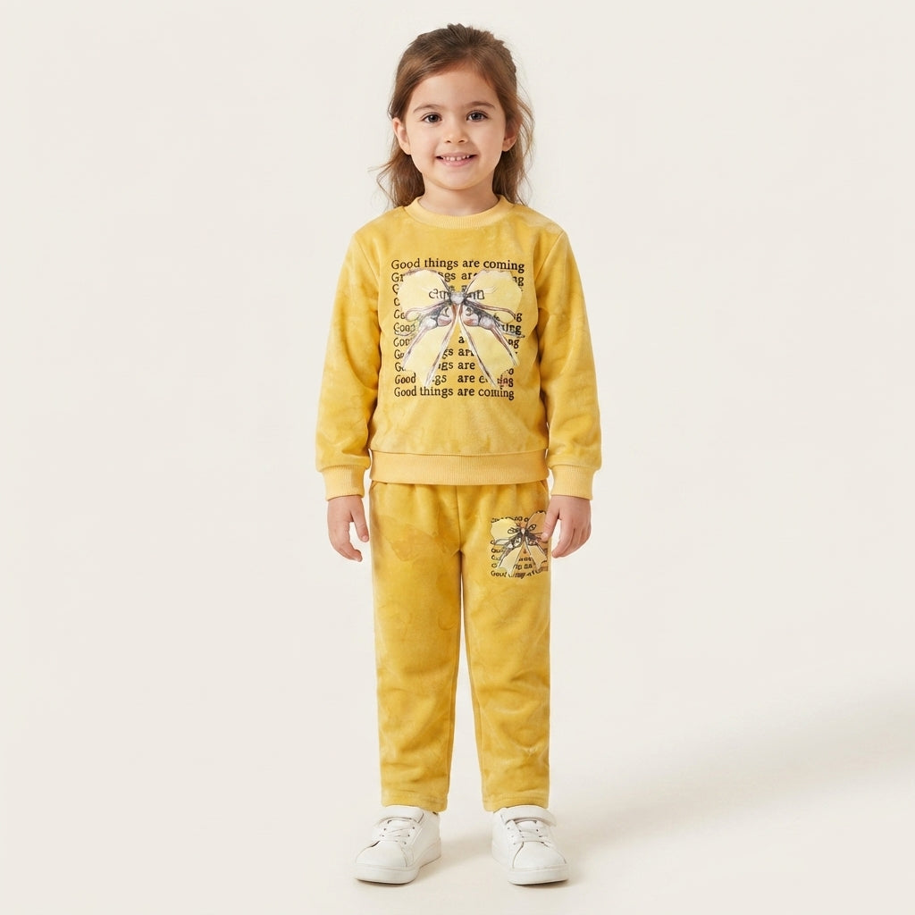 Toddler Girls' Mustard Yellow Velour Sweatshirt and Joggers Set with Butterfly Bow Graphic