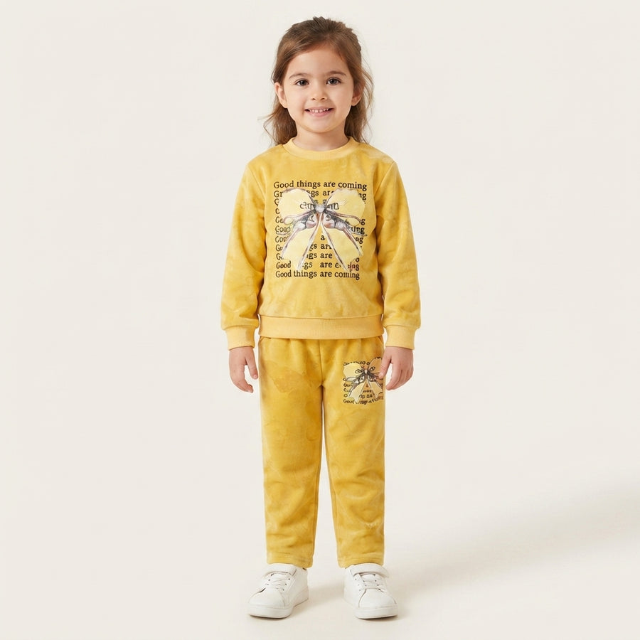 Toddler Girls' Mustard Yellow Velour Sweatshirt and Joggers Set with Butterfly Bow Graphic
