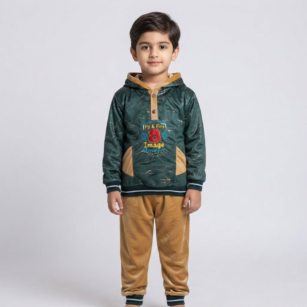 Kids' Dark Green Marbled Hoodie and Brown Velour Joggers Set with Graphic Print