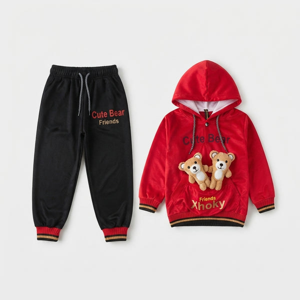 Boys Maroon 2-Piece Velvet Suit with Cute Bear Design Upper