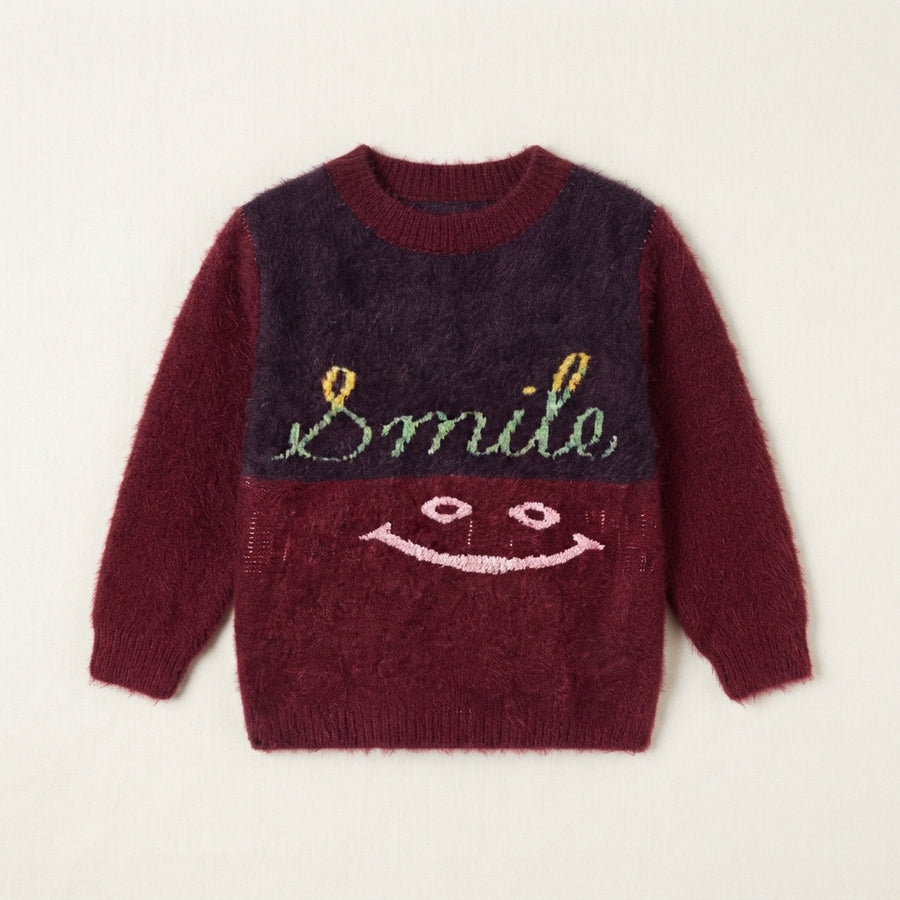 Kids Maroon & Purple Fuzzy Winter Sweater with "Smile" Graphic