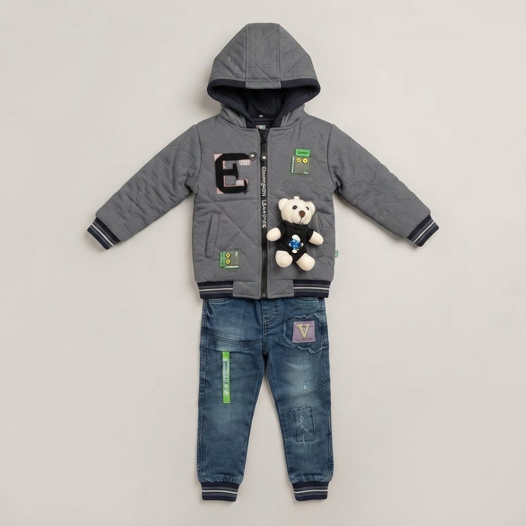 Boys Grey Hooded Teddy Bear Puffer Jacket & Denim Jeans Set