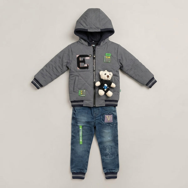 Boys Grey Hooded Teddy Bear Puffer Jacket & Denim Jeans Set