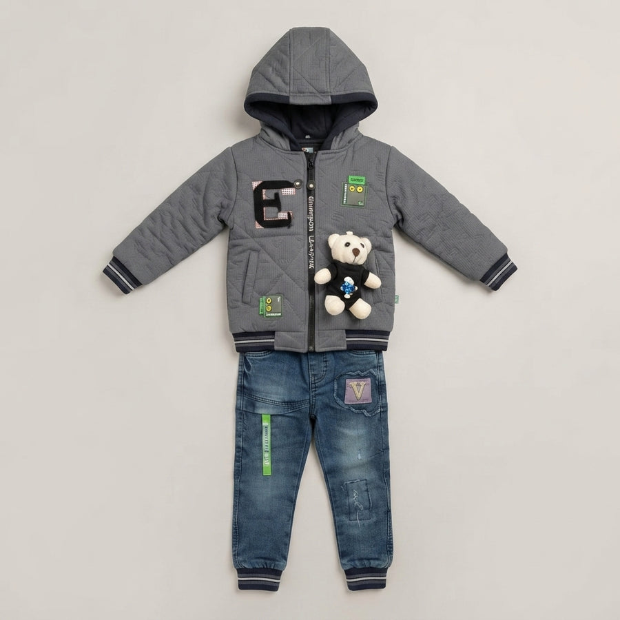 Boys Grey Hooded Teddy Bear Puffer Jacket & Denim Jeans Set