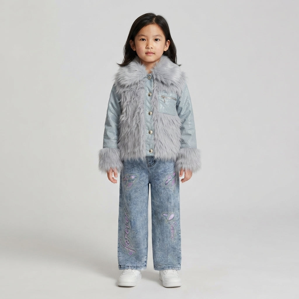 Girls Grey Faux Fur Jacket & Embellished Jeans Set