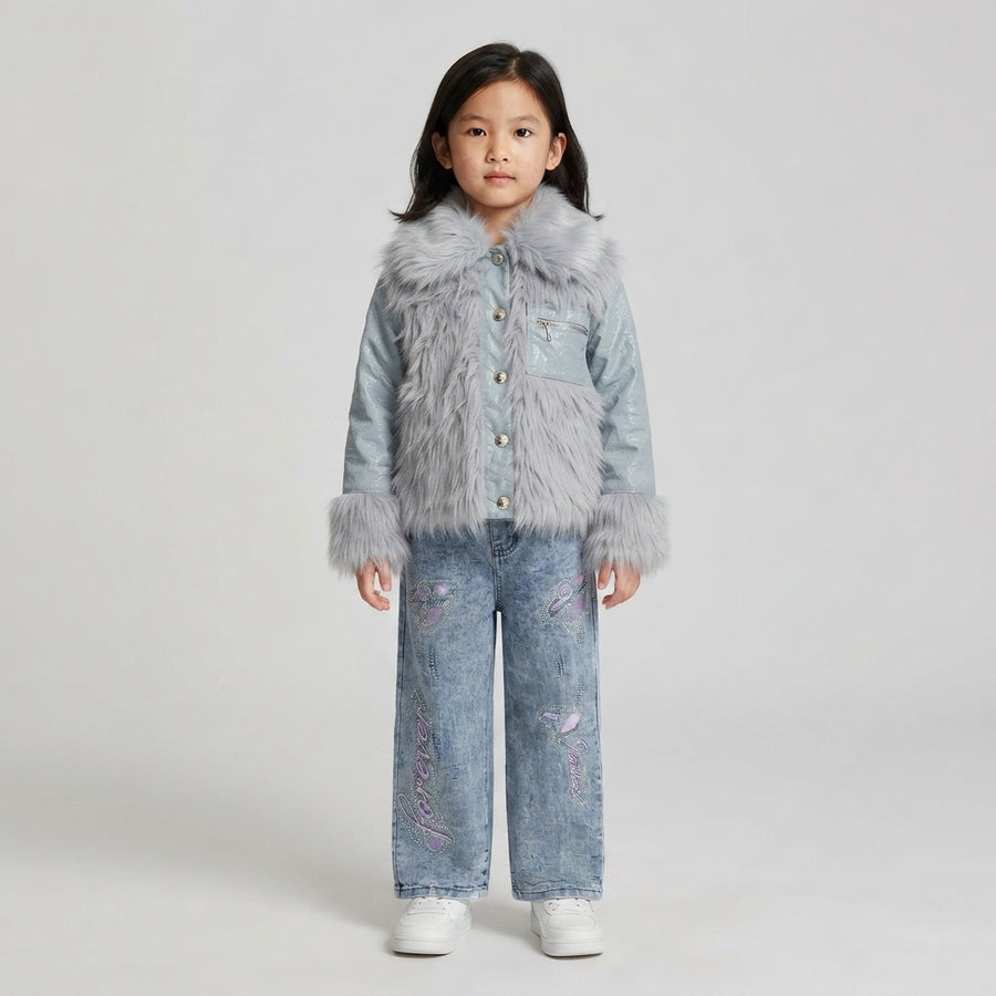Girls Grey Faux Fur Jacket & Embellished Jeans Set