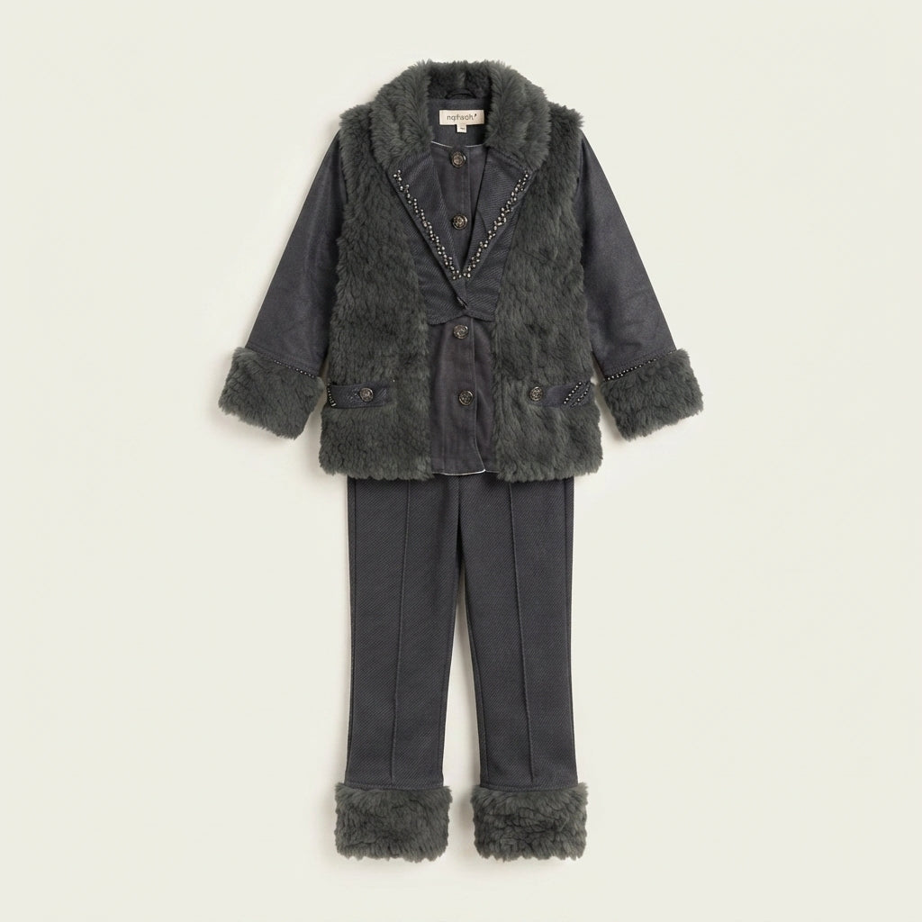 Girls Dark Charcoal Shearling Suit — Photo 2