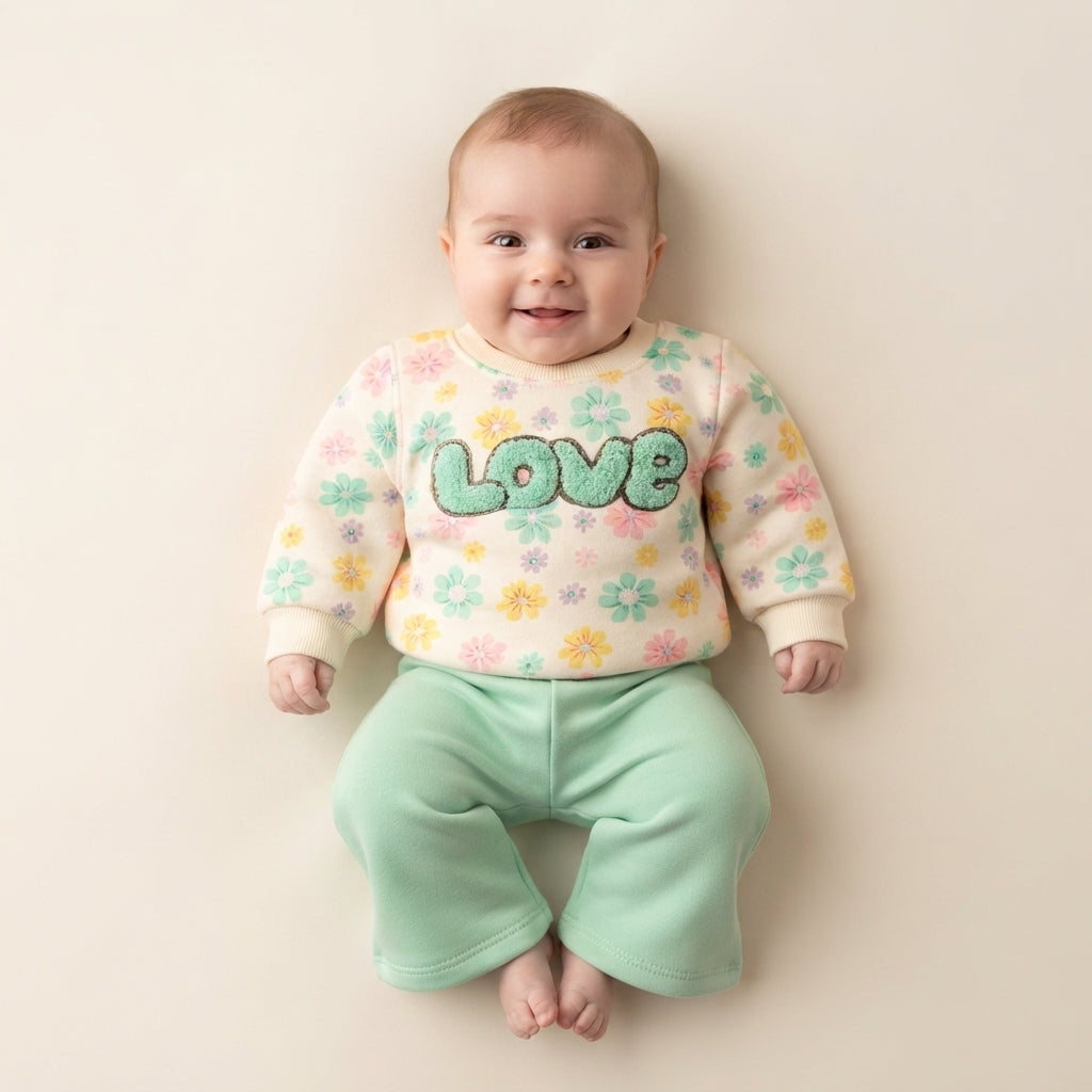 Baby Girl Floral Sweatshirt & Mint Trouser Two-Piece Outfit | 3–9 Months
