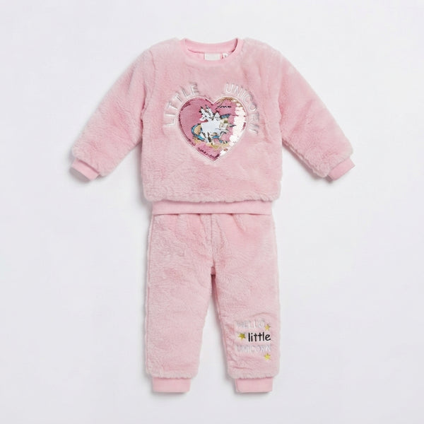 Toddler Girls' Pink Fuzzy "Little Unicorn" Sequin Heart Sweatshirt and Jogger Set