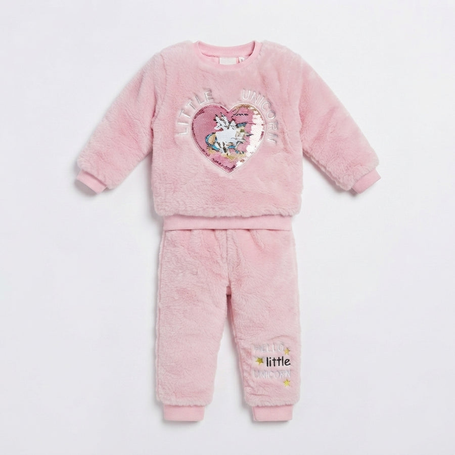 Toddler Girls' Pink Fuzzy "Little Unicorn" Sequin Heart Sweatshirt and Jogger Set