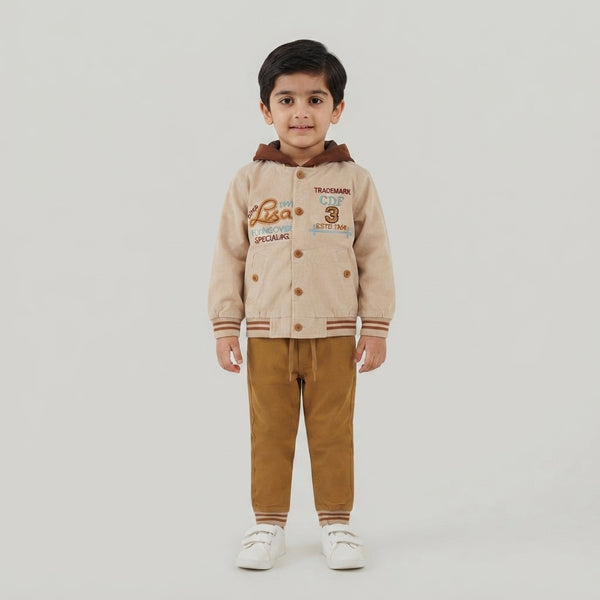Boys Beige Corduroy Hooded Bomber Jacket & Mustard Trousers Outfit