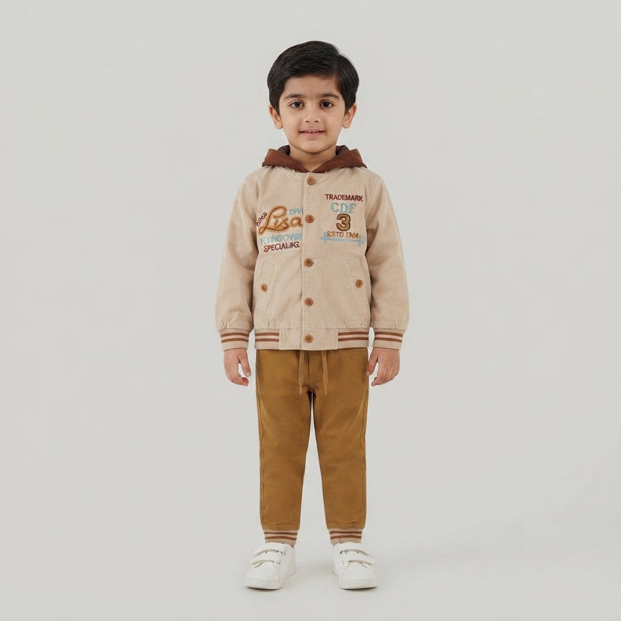 Boys Beige Corduroy Hooded Bomber Jacket & Mustard Trousers Outfit