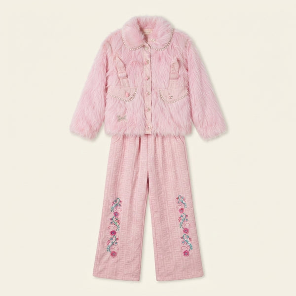 Stylish Pink Faux-Fur Jacket and Embroidered Trouser — Photo 2
