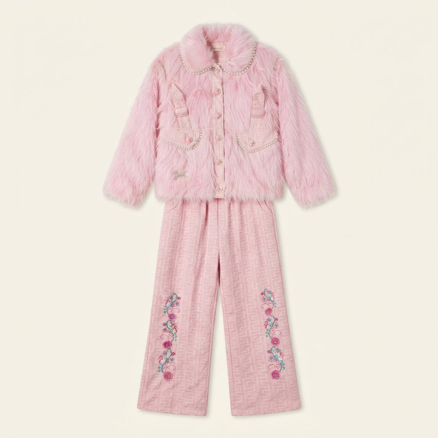 Stylish Pink Faux-Fur Jacket and Embroidered Trouser — Photo 2