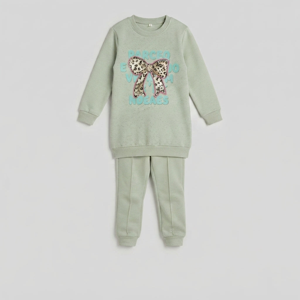 Girls Mint Green Fleece Tracksuit with Leopard Bow
