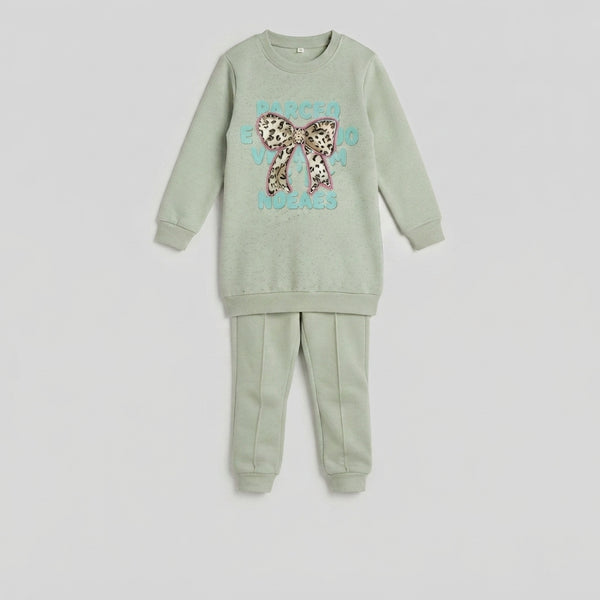 Girls Mint Green Fleece Tracksuit with Leopard Bow