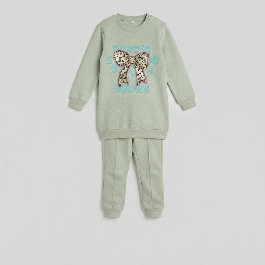 Girls Mint Green Fleece Tracksuit with Leopard Bow