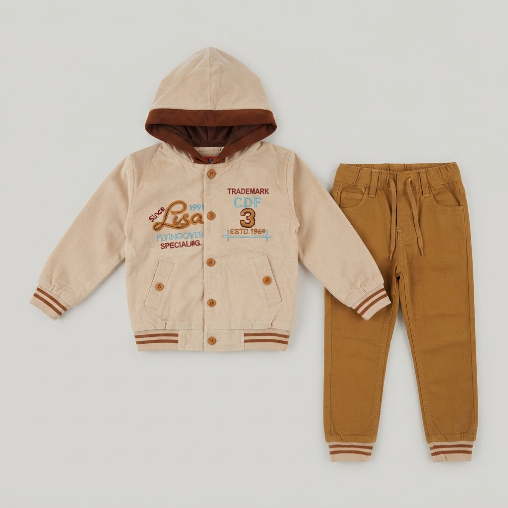 Boys Beige Corduroy Hooded Bomber Jacket & Mustard Trousers Outfit