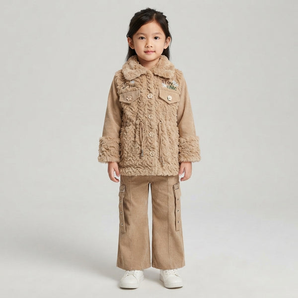 Girls Faux Fur Jacket & Cargo Pants Set