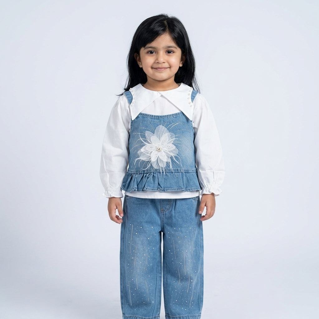 Girls Denim 3-Piece Set with Inner & Baggy Jeans