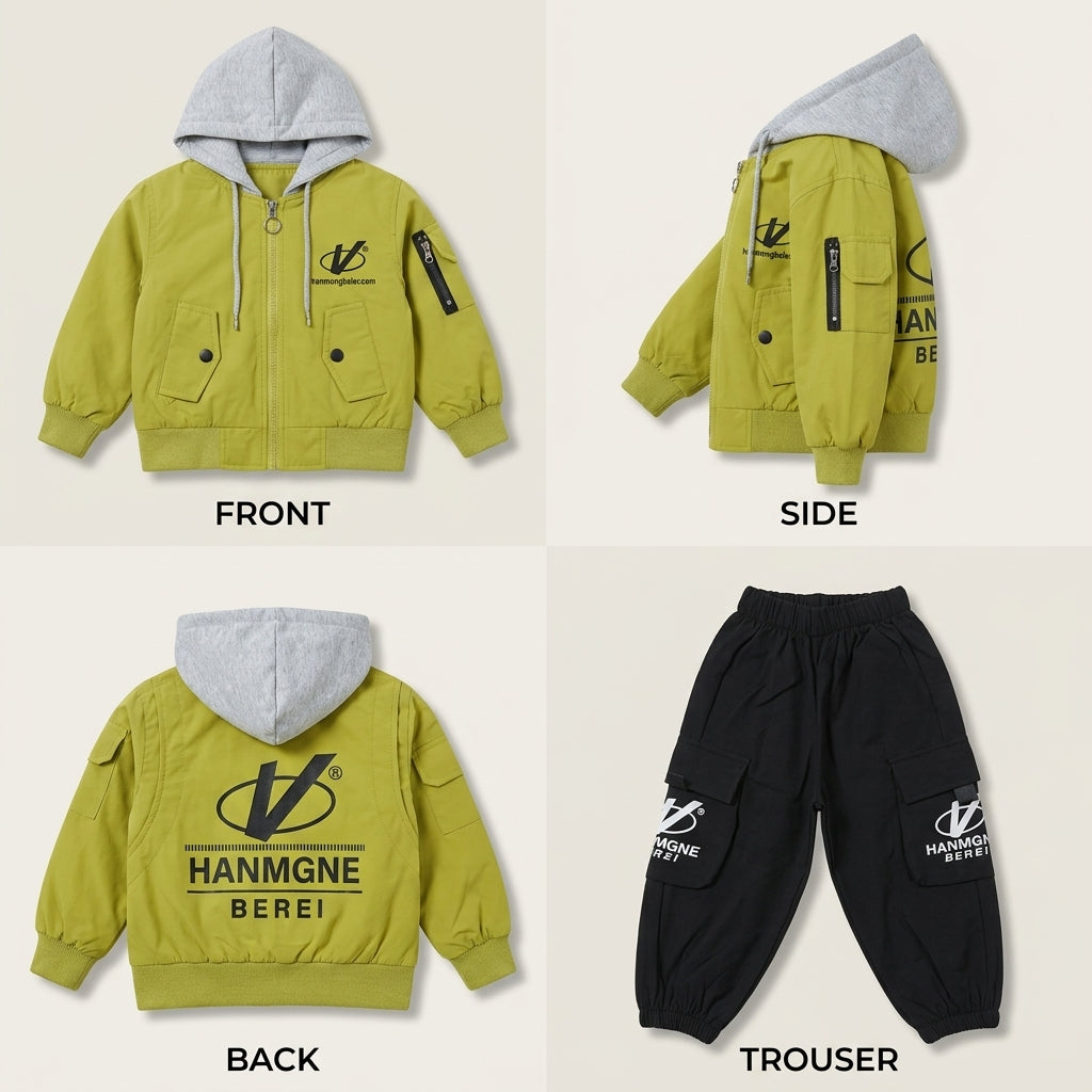 Little Boy in Olive Green Hooded Bomber Jacket, White Graphic T-Shirt, and Black Cargo Pants Secondary image