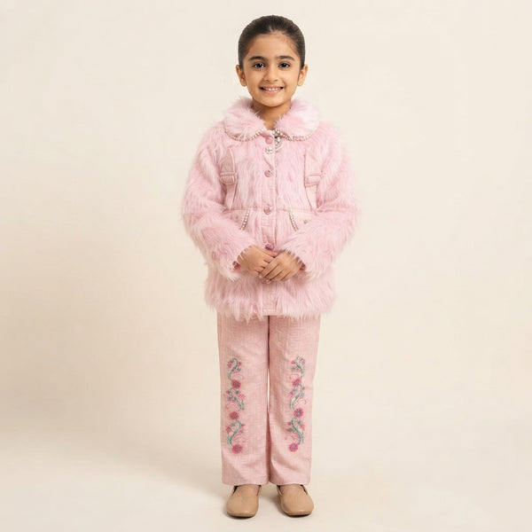 Stylish Pink Faux-Fur Jacket and Embroidered Trouser Set – Winter Luxury Wear for Girls