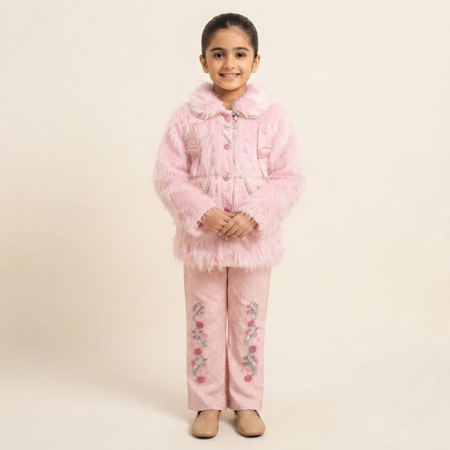 Stylish Pink Faux-Fur Jacket and Embroidered Trouser Set – Winter Luxury Wear for Girls