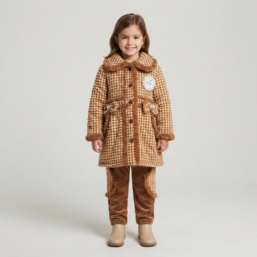 Girls Brown Textured Coat & Velvet Pant Set