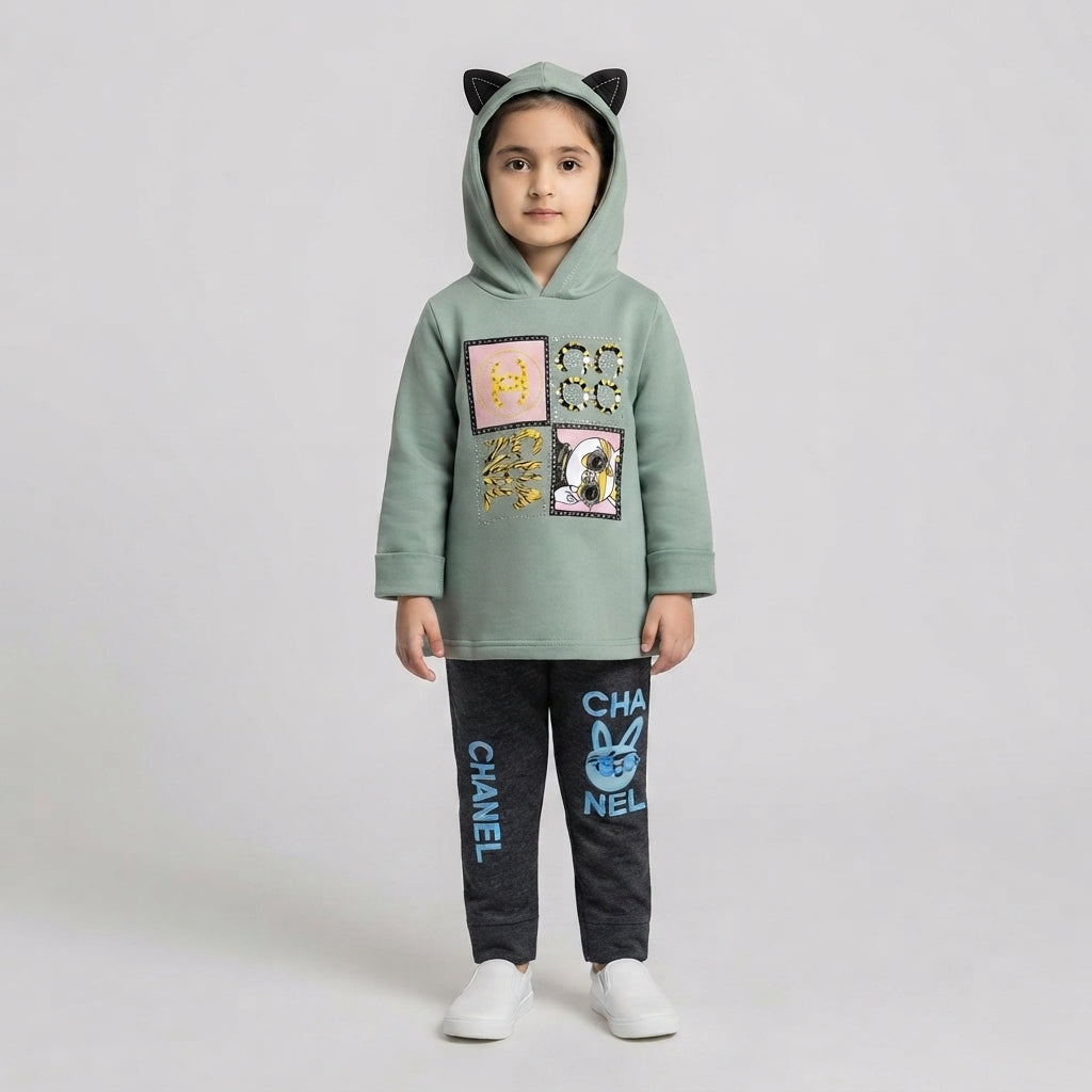 Kids Sage Green Designer Hoodie & Dark Grey Tracksuit Set
