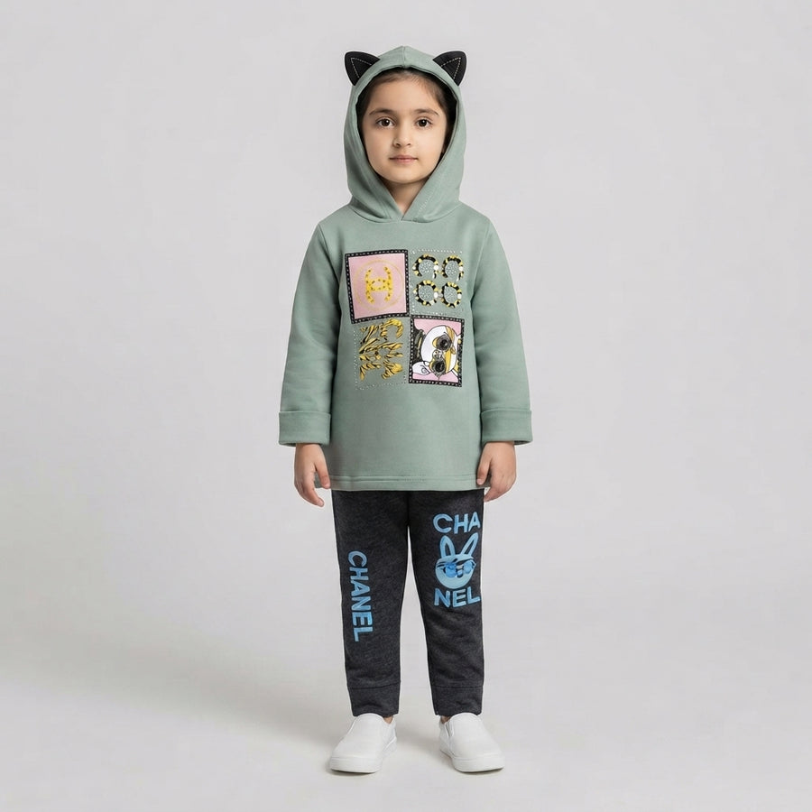 Kids Sage Green Designer Hoodie & Dark Grey Tracksuit Set