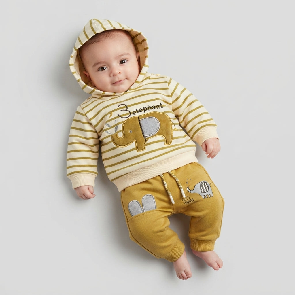 Baby Boy Cute Elephant Print Striped Hoodie and Jogger Set (0-3 Months)