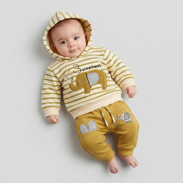 Baby Boy Cute Elephant Print Striped Hoodie and Jogger Set (0-3 Months)
