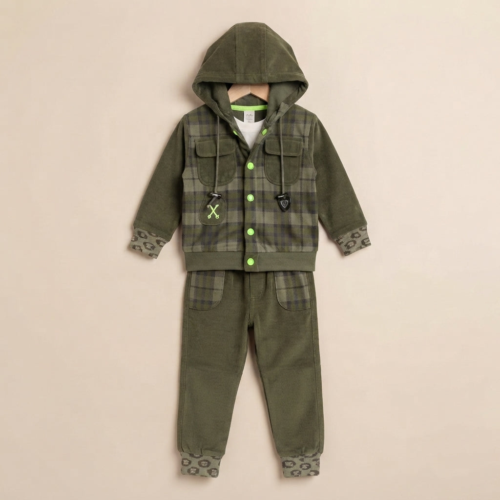 Baby Boy Green Plaid Hooded Jacket & Jogger Set