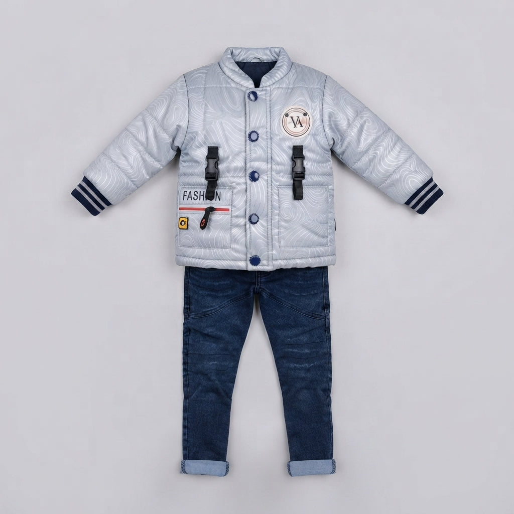 Boys Silver Puffer Jacket & Denim Jeans Set