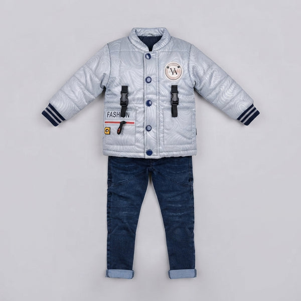 Boys Silver Puffer Jacket & Denim Jeans Set