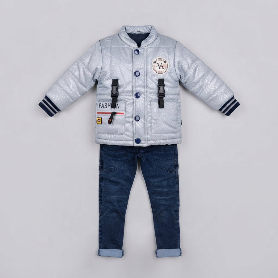 Boys Silver Puffer Jacket & Denim Jeans Set