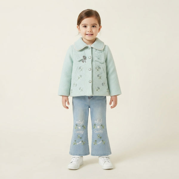 Elegant Mint Green Woolen Coat & Floral Embroidered Denim Flare Trouser Set