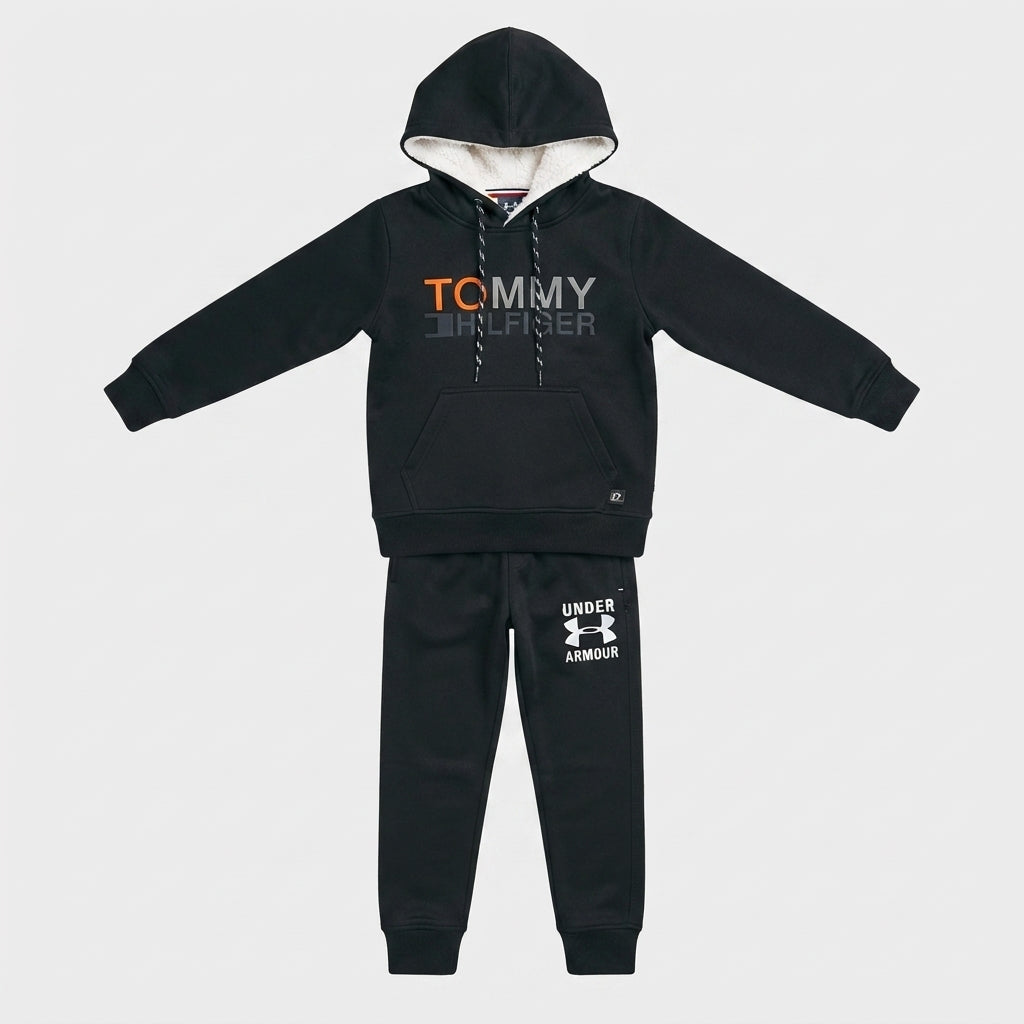 Boys Black Designer Tracksuit with Sherpa Hood — Photo 2