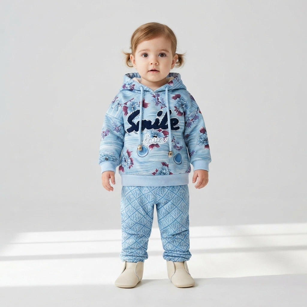 Girls Floral "Smile" Hoodie Set | Winter Kids Wear