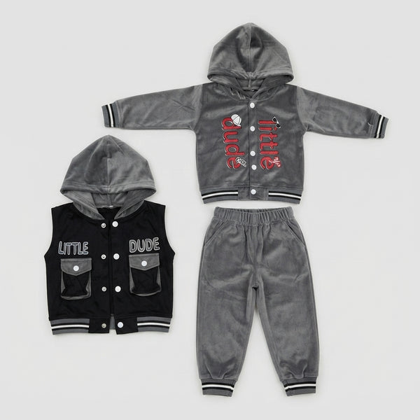 Boys Grey Velvet 3-Piece "Little Dude" Vest and Tracksuit Set