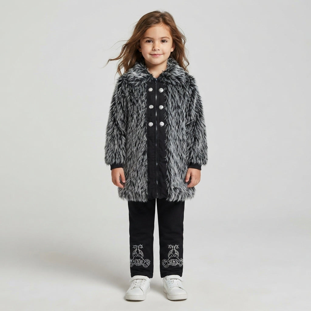 Girls Black and Grey Shaggy Faux Fur Coat and Embroidered Trouser Set