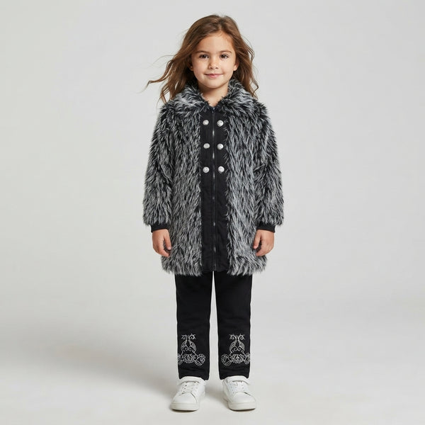 Girls Black and Grey Shaggy Faux Fur Coat and Embroidered Trouser Set
