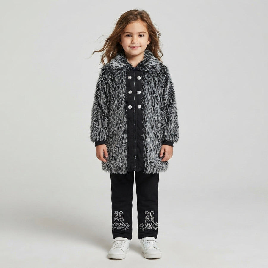 Girls Black and Grey Shaggy Faux Fur Coat and Embroidered Trouser Set