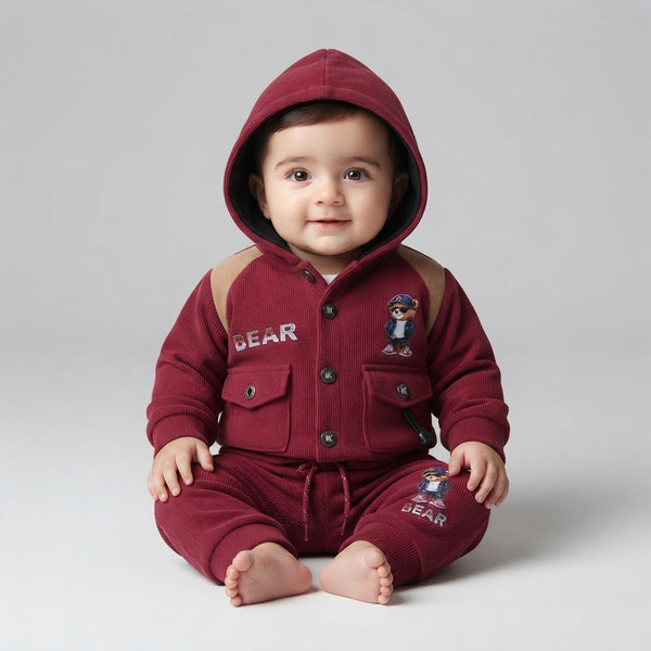 Baby Boy Maroon Bear Print Hooded Corduroy Winter Suit Set