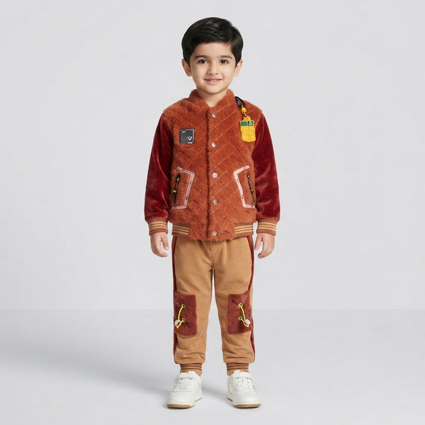 Boys Rust & Brown Faux Fur Bomber Jacket Tracksuit Set | 2–3 Years